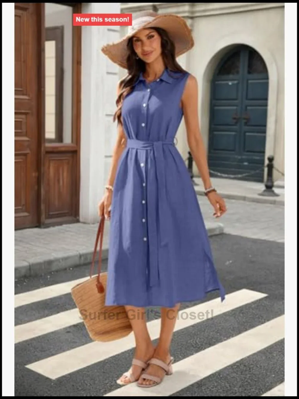100% Linen Midi Dress Button Down Sleeveless Collared Shift with Pockets Summer